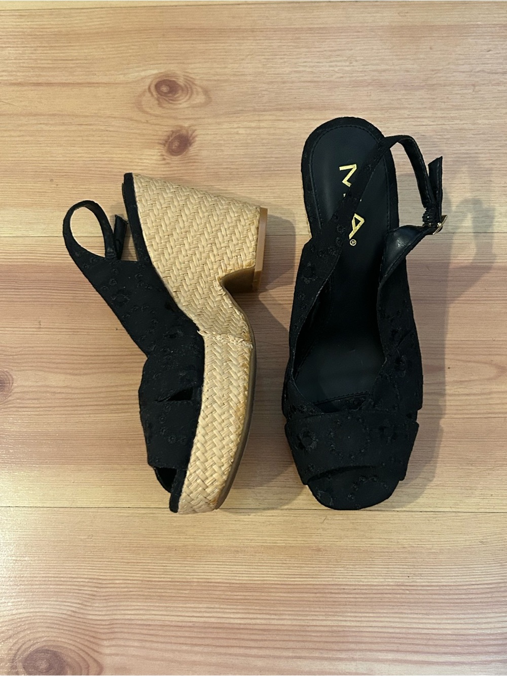 MIA Black Embroidered Slingback Wedge Sandals with Woven Platform Heel
